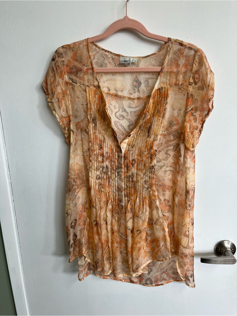 Covet Sheer Pintuck V-Neck Blouse in Peach and Cream Paisley